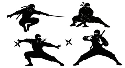Ninja Warriors Silhouette: Dynamic Poses with Swords and Shurikens