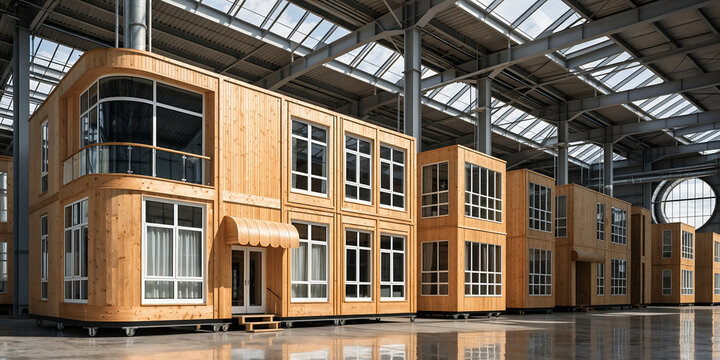 Modern prefabricated modular wooden homes manufactured inside industrial factory
