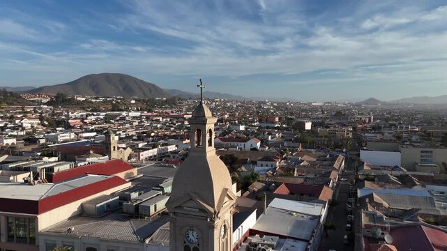Cathedral of La Serena in Coquimbo Region, Chile. Neoclassical stone architecture and historical bell tower in the city center.