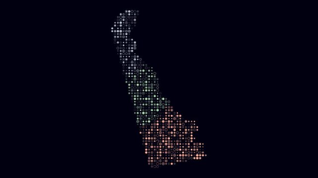 Delaware animated shape. Pulsating colored dots on the map of the state. Small size circle blocks. Digital style Delaware map on dark background. Creative animation video.