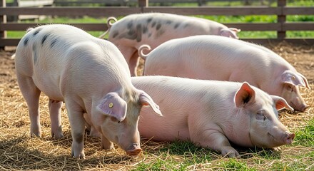 Four pigs resting and grazing in a farm enclosure on a sunny day from a close-up viewpoint