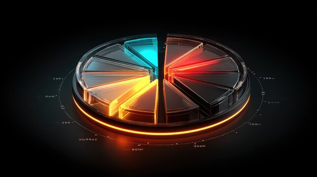 Colorful 3D Pie Chart with Glowing Edges and Divided Segments for Business Data Visualization and Informational Displays in Dark Environment