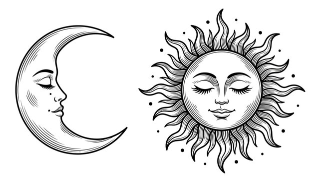 Vintage Engraved Sun and Moon Faces Illustration. Celestial Duo, Mystical Esoteric Design. Day and Night Symbolism Artwork