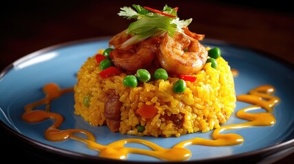 Vibrant Plate of Yellow Fried Rice with Shrimp, Vegetables, and Garnish, Perfect for Culinary Showcases or Food Blogging and Gastronomic Presentations