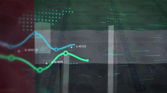United Arab Emirates flag with Growing financial charts and diagrams showing increasing profits. Economic or stock market concept with United Arab Emirates dirham banknote.