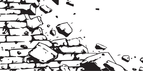 Collapsing brick wall with falling debris and fragments.