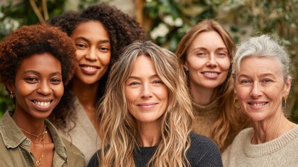 Obraz premium Diverse group of smiling women showcasing their natural beauty and sense of togetherness.