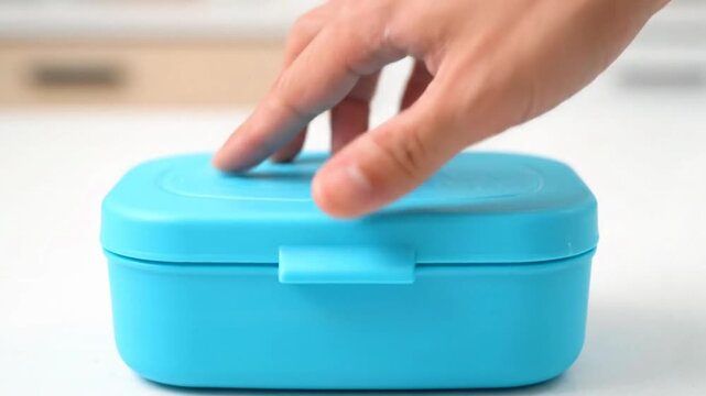 A hand opening a blue bento box for meal preparation.