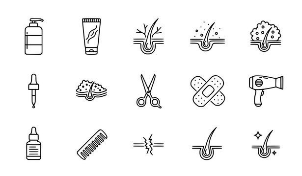 Hair Care and Hair Loss Outline Icon Set Editable Stroke Medical Cosmetic Vector