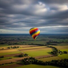 Fototapeta premium Aerial View of a Vibrant Hot Air Balloon Soaring Above the Rolling Hills and Fields on a Cloudy Day