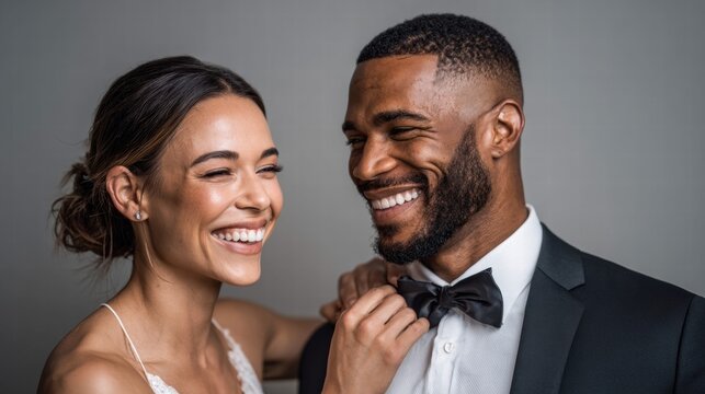 A beautiful couple shares a sweet, intimate moment with joyful smiles and a loving connection.