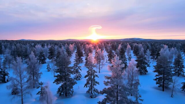 Snowy forest landscape with frosted trees at sunrise or sunset
