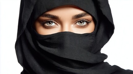 Naklejka premium Close-up portrait of a woman wearing a black hijab, focusing on her expressive eyes