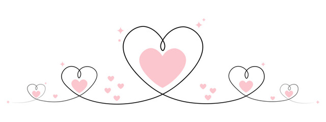 Valentine day heart border with pink and black line art illustration. sparkling stars on white background, elegant flourish for wedding invitations or feminine greeting cards. heart line art. © Dot Zone