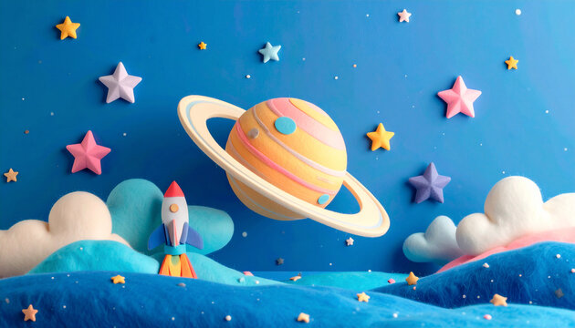 Cute Felt Space Illustration with Saturn and Rocket on Blue Background