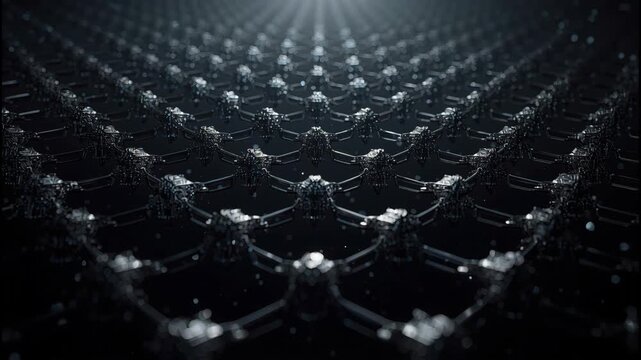 Dark metallic lattice of repeating robotic hexagonal nodes and futuristic metallic lattice pattern