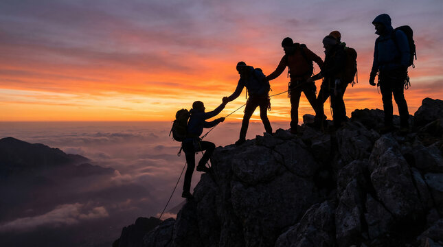A group of mountaineers silhouetted against a dramatic sunset sky helping each other climb a rugged peak symbolizing teamwork and overcoming challenges