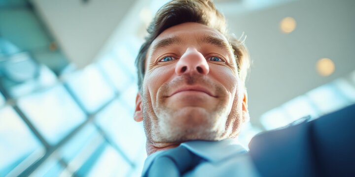 Close-up low angle shot of a smiling businessman looking down at the camera