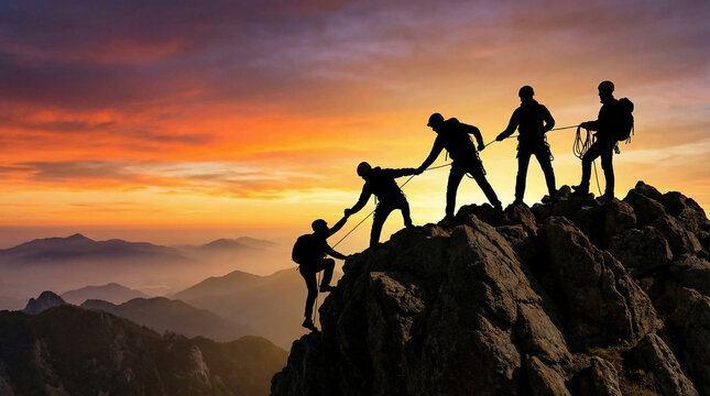 Silhouette of a climbing team helping each other ascend a rocky mountain peak at sunset symbolizing teamwork leadership and overcoming challenges