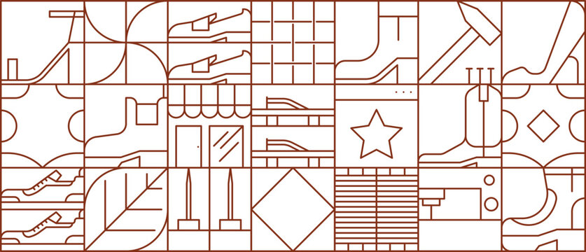 Shoes making pattern with shoes, boots and hammer, shop facade, sewing machine, heels, soles, star and geometric shapes. Vector line art grid background with footwear production and storefront icons