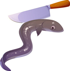 Obraz premium Cartoon eel with kitchen knife in cooking process. Marine animal with smooth body and subtle spots next to wide blade and wood handle. Vector food preparation scene with seafood and kitchen utensil