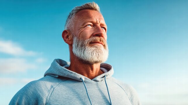 An older man with a white beard looks up against a bright blue sky in a hopeful pose.