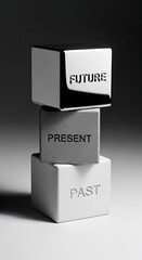 Obraz premium A conceptual image of a past, present, and future, represented by stacked cubes. The cubes are engraved with the words PAST, PRESENT, and FUTURE