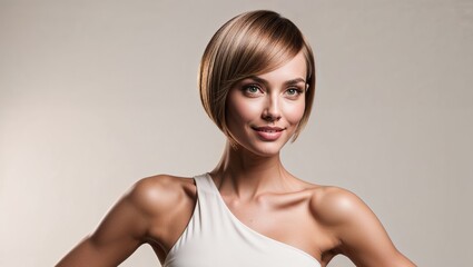 Fototapeta premium Stylish woman showcasing confidence with her modern bob hairstyle.