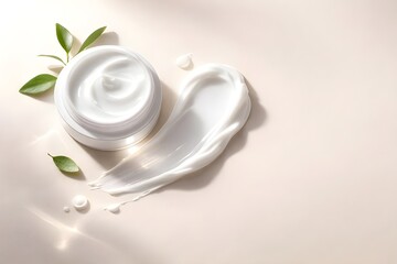 Natural skincare cream with green leaves, organic beauty concept