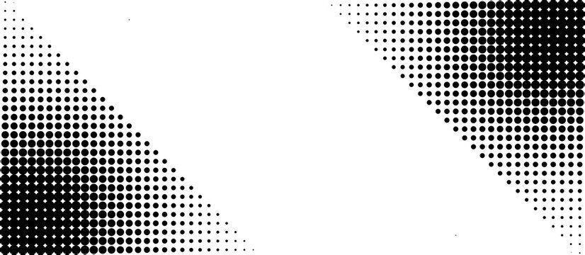 Abstract black halftone dots background with geometric corner pattern and gradient fade. Modern monochrome dotted texture,minimal graphic layouts.