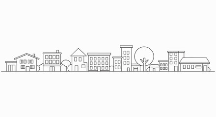 A minimalist black and white illustration of a city skyline with various buildings and houses, set against a clean white background, ideal for use in architectural designs, urban planning presentation © Akram