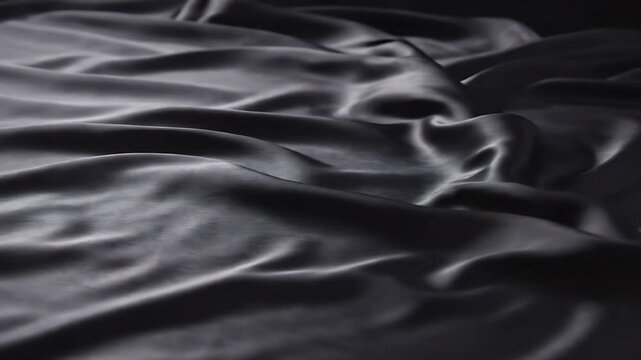 Elegant and flowing black fabric with soft folds and shadows, creating a sense of luxury and depth. The material drapes gently, offering a tactile feel