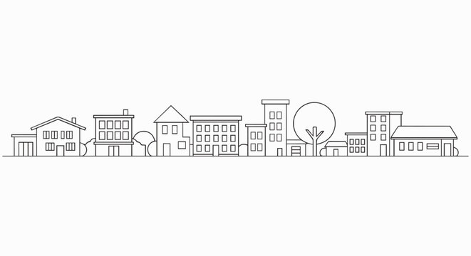 A minimalist black and white illustration of a city skyline with various buildings and houses, set against a clean white background, ideal for use in architectural designs, urban planning presentation