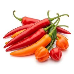 Fresh harvest of assorted spicy peppers with bright colors and glossy textures presented on a minimalist white background.