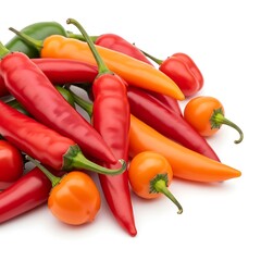 Professional culinary image of mixed chili peppers highlighting the contrast between fiery red tones and bright orange skins.