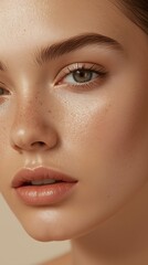 Fototapeta premium Closeup beauty portrait of young woman with natural makeup and soft sunlight shadow on face, cosmetic skincare concept on warm beige background