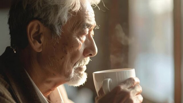 Elderly Asian man enjoying a warm drink by the window, steam rising