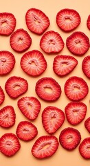 Healthy freeze-dried fruit snacks presented as a rhythmic pattern of crimson berry circles over a solid peach setting.