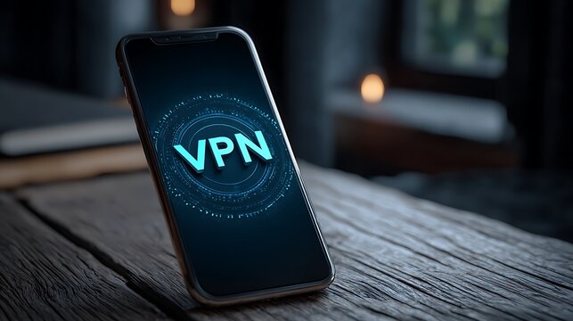 Smartphone displaying a glowing VPN security symbol rests on rustic wood.