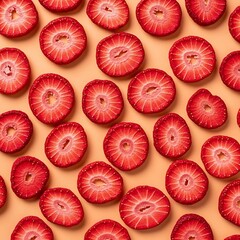 A collection of preserved strawberry rings with visible seeds creating a colorful geometric pattern on a smooth surface.