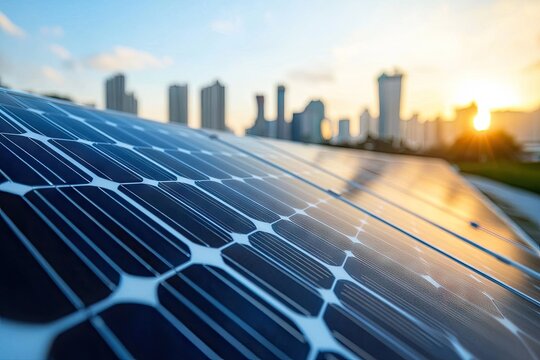 Close-up solar panels on a rooftop, city skyline in the background at sunset