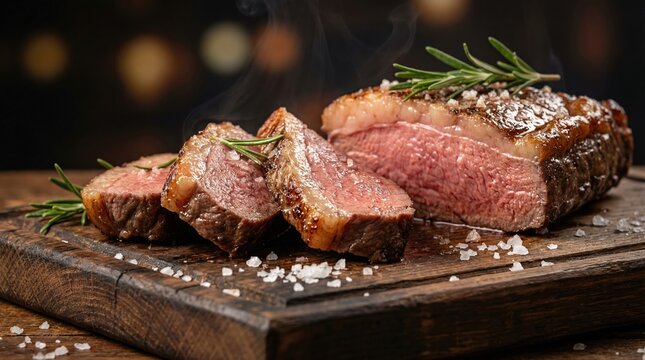 A delicious slice of steak on a wooden cutting board with rosemary