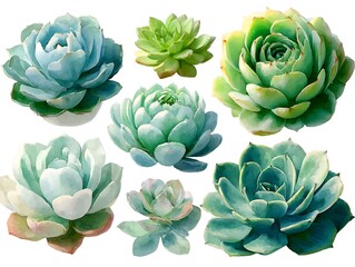 Obraz premium A beautiful assortment of green and blue Echeveria succulent plants are isolated on a white background in an elegant arrangement today.
