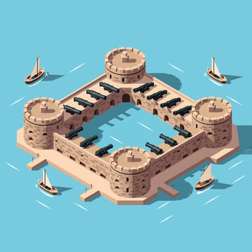 Isometric illustration of a medieval fort surrounded by water with boats nearby.