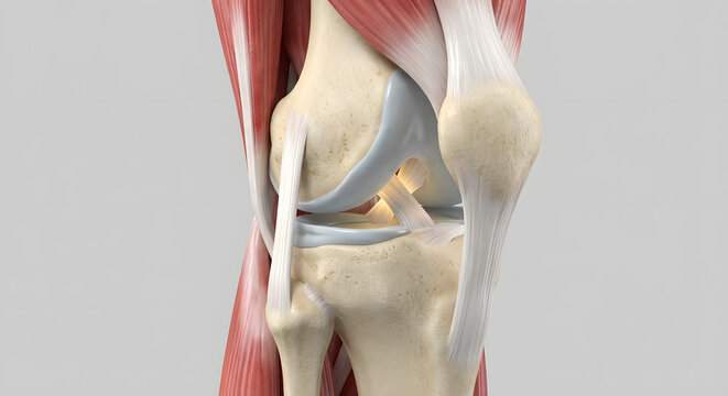 Realistic 3D medical illustration of the human knee joint anatomy showing the femur tibia patella and surrounding muscle tissue with ligaments and tendons on a grey background