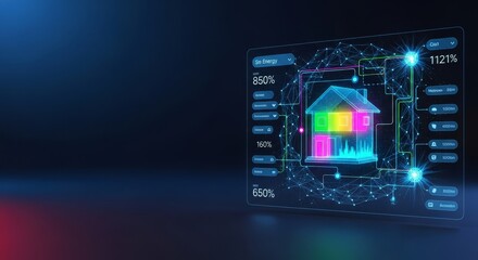 Naklejka premium A digital interface visualizes energy data, optimizing household power consumption with smart AI for sustainable living. Future technology, smart device, saving, technology