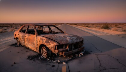 Obraz premium A heavily burned vehicle abandoned on a deserted road at a golden hour sunset, conveying a dramatic post-apocalyptic or crisis concept.