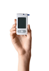 Woman holding digital glucometer on white background