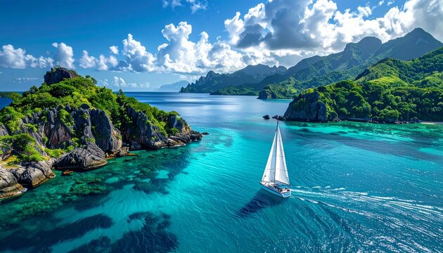 Aerial view sailboat sails across tropical bay. Emerald clear sea, turquoise water. Sunny weather, summer vacation, nautical travel on luxury yacht. Paradise island coast, relaxation, leisure, active 