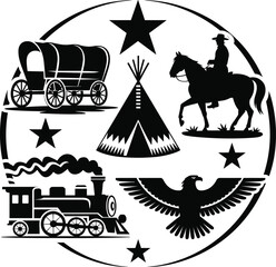 Black vector silhouette set featuring a covered wagon steam train cowboy on horse eagle and tipi for American frontier history and wild west branding © MdMamunur